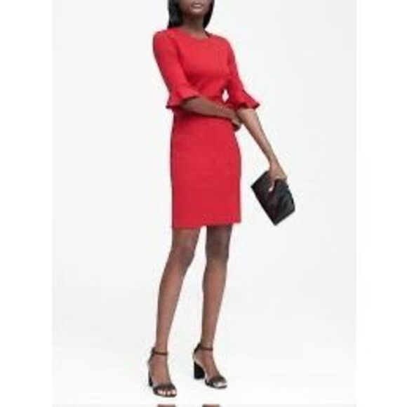 Banana Republic Size 4 Flutter Sleeve Ponte Sheath Dress Red Cocktail Party - Picture 1 of 6
